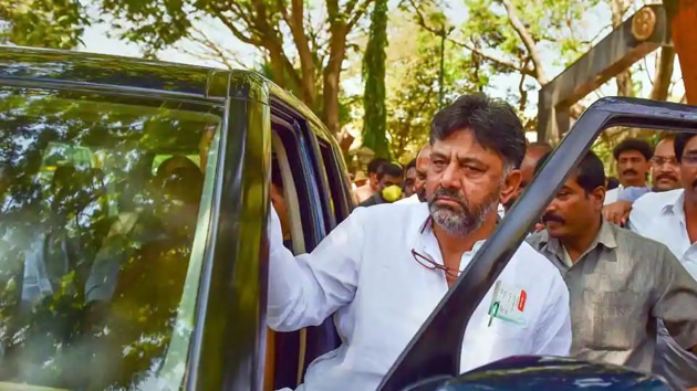 Karnataka Pradesh Congress Committee (KPCC) President DK Shivakumar leaves after a meeting with state DGP Praveen Sood (unseen), in Bengaluru. (PTI) Karnataka Pradesh Congress Committee (KPCC) President DK Shivakumar leaves after a meeting with state DGP Praveen Sood (unseen), in Bengaluru. (PTI)