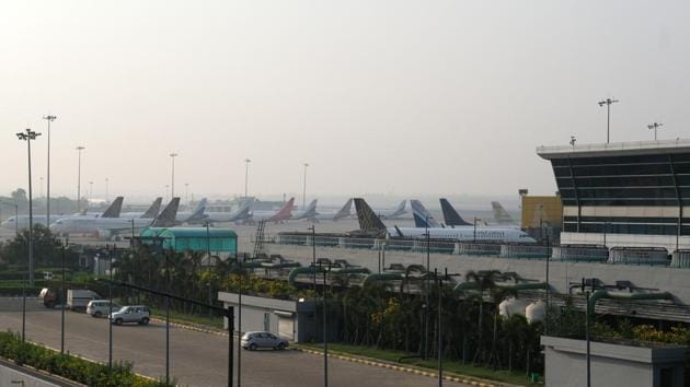 Grounded aircraft stand at Terminal 3 at the Indira Gandhi International Airport during a lockdown implemented due to the coronavirus in New Delhi.(Bloomberg)