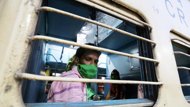 Migrant labourers who stranded in Nashik arrived at Misrod railway station on a special train, in Bhopal on Saturday.(ANI) Migrant labourers who stranded in Nashik arrived at Misrod railway station on a special train, in Bhopal on Saturday.(ANI)