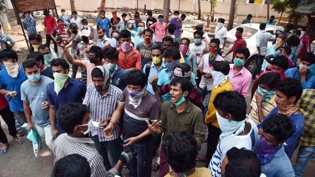 Andhra Pradesh, May 4, (ANI): Stranded migrant workers from other states arrive at the Mandal Revenue Office, to ask the officials to make arrangements for their transportation to go to their native places, during the ongoing COVID-19 nationwide lockdown, in Vijayawada.(ANI) Andhra Pradesh, May 4, (ANI): Stranded migrant workers from other states arrive at the Mandal Revenue Office, to ask the officials to make arrangements for their transportation to go to their native places, during the ongoing COVID-19 nationwide lockdown, in Vijayawada.(ANI)
