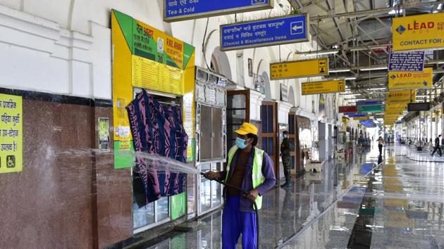 A worker sprays disinfectant while sanitizing the premises of Amritsar railway station as part of arrangements to send migrant workers back to their homes through Shramik special trains in Amritsar, Punjab. (Sameer Sehgal/HT Photo) A worker sprays disinfectant while sanitizing the premises of Amritsar railway station as part of arrangements to send migrant workers back to their homes through Shramik special trains in Amritsar, Punjab. (Sameer Sehgal/HT Photo)
