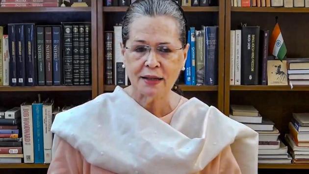 A video grab of Congress president Sonia Gandhi’s appeal to migrants, on May 4.(PTI Photo)