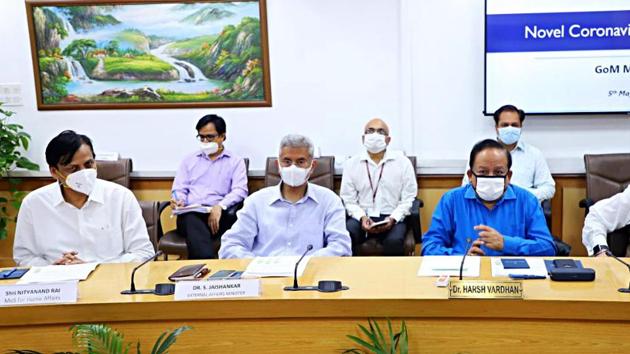 Union health minister Dr Harsh Vardhan chairing a high-level meeting of the Group of Ministers to review, monitor and evaluate the preparedness and measures taken regarding the management of coronavirus disease, in New Delhi on Tuesday. (ANI Photo) Union health minister Dr Harsh Vardhan chairing a high-level meeting of the Group of Ministers to review, monitor and evaluate the preparedness and measures taken regarding the management of coronavirus disease, in New Delhi on Tuesday. (ANI Photo)
