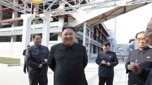 In this May 1 photo, North Korean leader Kim Jong Un visits a fertilizer factory in Sunchon, South Pyongan province.(AP Photo)