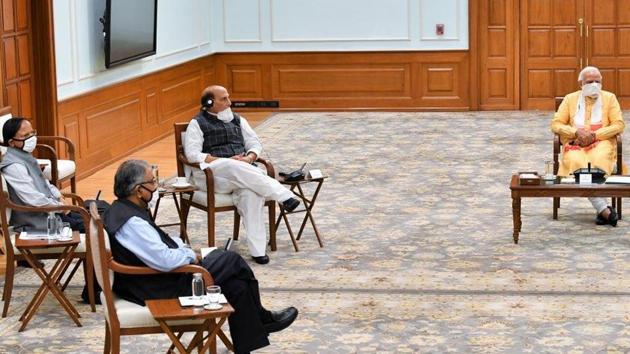 Home Minister Amit Shah and Defence Minister Rajnath Singh attended the meeting called by Prime Minister Narendra Modi . (ANI PHOTO.) Home Minister Amit Shah and Defence Minister Rajnath Singh attended the meeting called by Prime Minister Narendra Modi . (ANI PHOTO.)