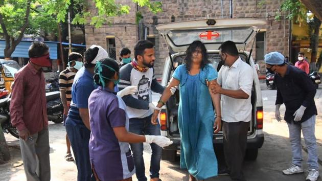 Visakhapatnam: An affected woman being taken for treatment at King George Hospital after a major chemical gas leakage at LG Polymers industry in RR Venkatapuram village, Visakhapatnam. (PTI/Representative Photo) Visakhapatnam: An affected woman being taken for treatment at King George Hospital after a major chemical gas leakage at LG Polymers industry in RR Venkatapuram village, Visakhapatnam. (PTI/Representative Photo)
