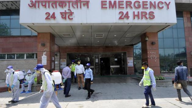 Noida, India - April 27, 2020: Voluters during a disinfection drive at Child Specialist hospital during lockdown, Sector 30. (Sunil Ghosh / Hindustan Times)
