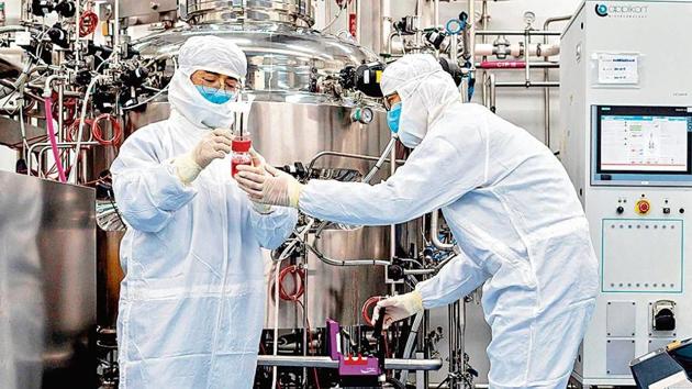 Engineers work on monkey kidney cells for an experimental vaccine for the COVID-19 coronavirus inside the Cells Culture Room laboratory at the Sinovac Biotech facilities in Beijing in April 2020. (AFP Photo) Engineers work on monkey kidney cells for an experimental vaccine for the COVID-19 coronavirus inside the Cells Culture Room laboratory at the Sinovac Biotech facilities in Beijing in April 2020. (AFP Photo)