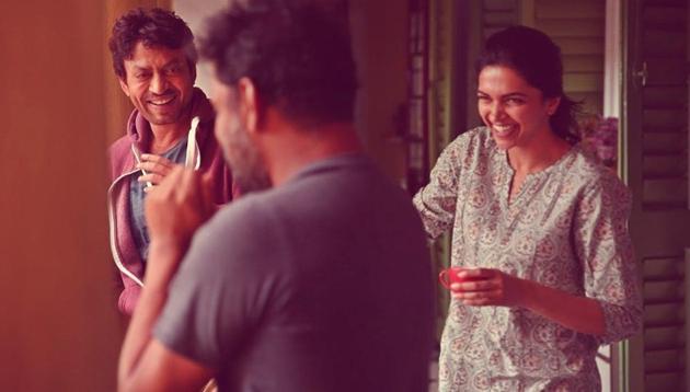 Irrfan Khan and Deepika Padukone on sets of Piku.