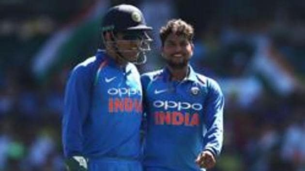 Kuldeep Yadav of India celebrates with MS Dhoni after taking the wicket of Shaun Marsh of Australia during game one of the One Day International series between Australia and India at Sydney Cricket Ground on January 12, 2019 in Sydney, Australia. (Getty Images) Kuldeep Yadav of India celebrates with MS Dhoni after taking the wicket of Shaun Marsh of Australia during game one of the One Day International series between Australia and India at Sydney Cricket Ground on January 12, 2019 in Sydney, Australia. (Getty Images)