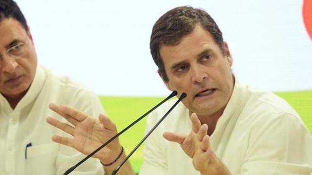 File Photo: Congress leaders Rahul Gandhi and Randeep Singh Surjewala address a press conference in New Delhi.(Mohd Zakir/HT Photo) File Photo: Congress leaders Rahul Gandhi and Randeep Singh Surjewala address a press conference in New Delhi.(Mohd Zakir/HT Photo)