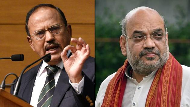 NSA Ajit Doval also led a select group of top officers to meet Union Home Minister Amit Shah who was briefed about the deliberations and their findings.(HT Photo)