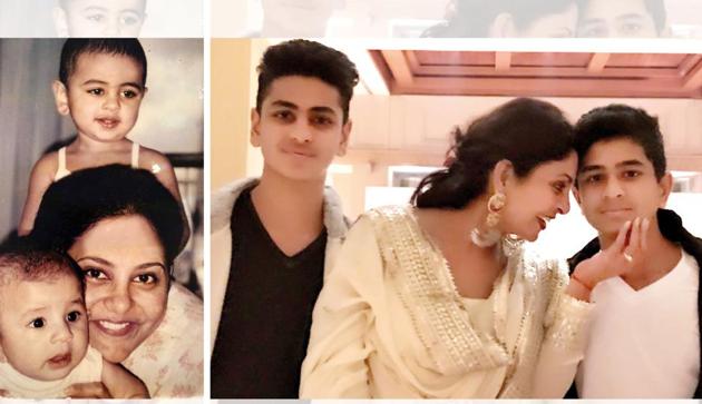 Shefali Shah with her two boys, Aryaman and Maurya when they were 18 months and six months old respectively (left), and when they were 15 and 14 years old