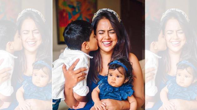 Sameera Reddy with her daughter Nyra, 9 months old and son Hans, 5 years old(Amrita Samant)