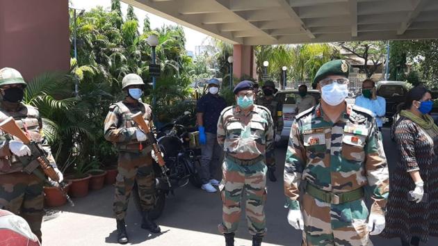 Senior military officers led by Brigadier Kuljeet Singh (right), president, PCB, took stock of the situation and visited the affected areas and extended full support of the army authorities to the cantonment authorities in resolving the crisis. (HT PHOTO) Senior military officers led by Brigadier Kuljeet Singh (right), president, PCB, took stock of the situation and visited the affected areas and extended full support of the army authorities to the cantonment authorities in resolving the crisis. (HT PHOTO)