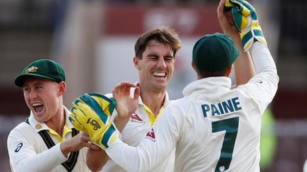 Pat Cummins celebrates taking the wicket of England's Ben Stokes through the catch of Tim Paine. (Action Images via Reuters) Pat Cummins celebrates taking the wicket of England's Ben Stokes through the catch of Tim Paine. (Action Images via Reuters)