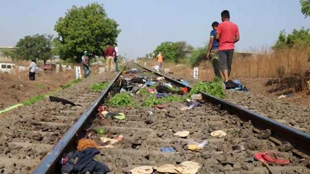 The belongings of victims lie scattered on the railway track after a train ran over migrant workers sleeping on the track in Aurangabad district in Maharashtra on May 8, 2020.(Reuters Photo)