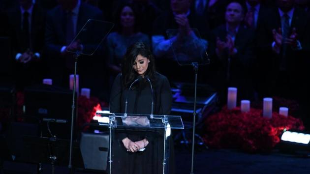 Feb 24, 2020; Los Angeles, California, USA; Vanessa Bryant takes a moment before speaking during a standing ovation at the memorial to celebrate the life of Kobe Bryant and daughter Gianna Bryant at Staples Center. Mandatory Credit: Robert Hanashiro-USA TODAY Sports(USA TODAY Sports)