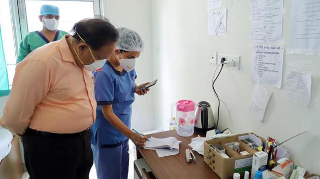 Union Health Minister Dr. Harsh Vardhan visits AIIMS dedicated centre for Covid-19, in Jhajjar on April 5, 2020. (ANI) Union Health Minister Dr. Harsh Vardhan visits AIIMS dedicated centre for Covid-19, in Jhajjar on April 5, 2020. (ANI)