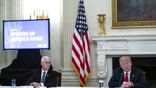 US President Donald Trump, right, speaks as Vice President Mike Pence listens during a meeting at the White House. Pence’s press secretary Katie Miller has tested positive for the coronavirus. (Bloomberg) US President Donald Trump, right, speaks as Vice President Mike Pence listens during a meeting at the White House. Pence’s press secretary Katie Miller has tested positive for the coronavirus. (Bloomberg)