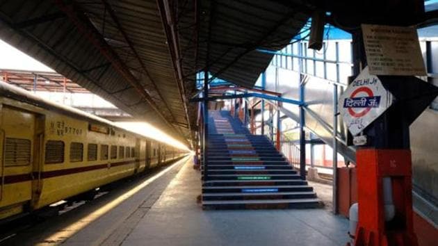 A sign for Delhi Junction is displayed at a platform inside the empty Delhi Junction railway station during a lockdown imposed due to the coronavirus in Delhi in March 2020. (Bloomberg File Photo) A sign for Delhi Junction is displayed at a platform inside the empty Delhi Junction railway station during a lockdown imposed due to the coronavirus in Delhi in March 2020. (Bloomberg File Photo)