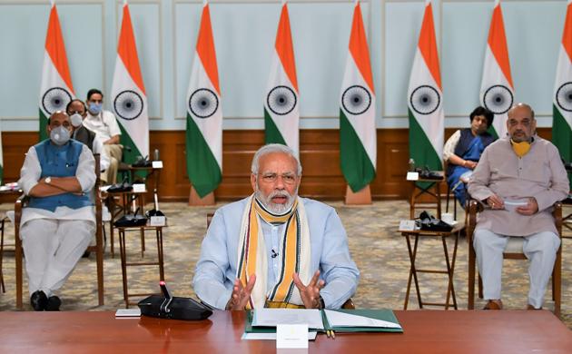 Prime Minister Narendra Modi interacts with the chief ministers of various states via video conferencing to discuss Covid-19 situation in New Delhi, Monday, May 11, 2020.(PTI photo)