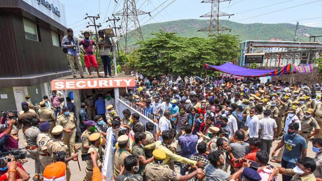 Police personnel try to control the villagers as they stage a protest against LG Polymers industry after the chemical gas leakage incident, demanding immediate closure of the plant, at RR Venkatapuram village in Visakhapatnam, Saturday, May 09, 2020. (PTI) Police personnel try to control the villagers as they stage a protest against LG Polymers industry after the chemical gas leakage incident, demanding immediate closure of the plant, at RR Venkatapuram village in Visakhapatnam, Saturday, May 09, 2020. (PTI)