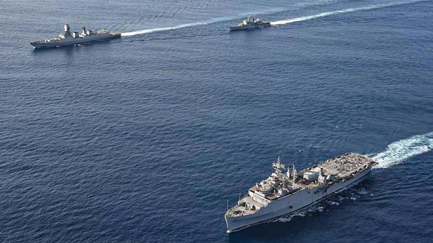 Vessels of the Indian Navy’s Western Fleet Ships mission set sail on Saturday and joined INS Jalashwa (R) in the Indian Ocean on her journey back to Kochi. (PTI) Vessels of the Indian Navy’s Western Fleet Ships mission set sail on Saturday and joined INS Jalashwa (R) in the Indian Ocean on her journey back to Kochi. (PTI)