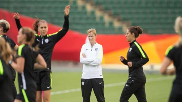 US head coach Jill Ellis looks on as her team warms up during their Fifa Women's World Cup(AP)