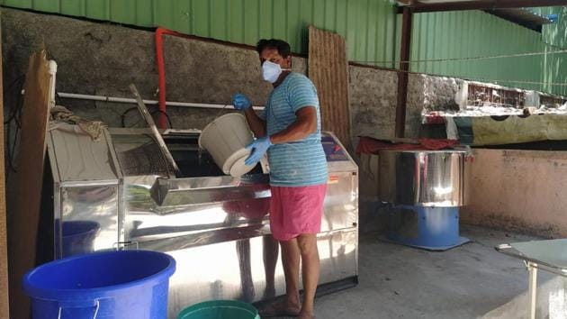 The industrial washing machine at Naidu hospital can wash 50 bed sheets or blankets at a time. (HT/PHOTO) The industrial washing machine at Naidu hospital can wash 50 bed sheets or blankets at a time. (HT/PHOTO)