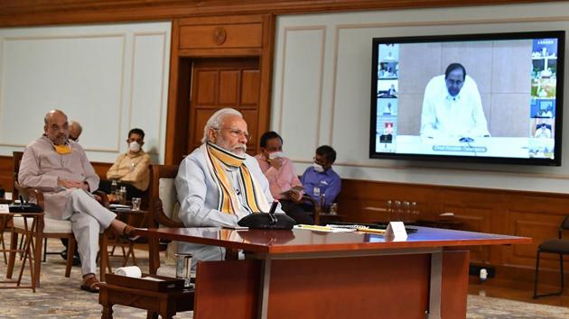 Prime Minister Narendra Modi interacts with the chief ministers of various states via video conferencing, to discuss Covid-19 situation, in New Delhi on Monday.(Twitter/@PIB_India)