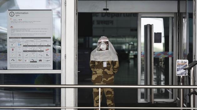 A CISF personnel wearing a covered head gear seen ahead of the arrival of Indians evacuees from Singapore and Dhaka, at Terminal 3, Indira Gandhi International Airport, New Delhi, India. (Vipin Kumar/HT PHOTO) A CISF personnel wearing a covered head gear seen ahead of the arrival of Indians evacuees from Singapore and Dhaka, at Terminal 3, Indira Gandhi International Airport, New Delhi, India. (Vipin Kumar/HT PHOTO)