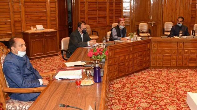 The cabinet headed by chief minister Jai Ram Thakur met at the government-run Hotel Peterhoff here for the first time since the lockdown. (HT Photo) The cabinet headed by chief minister Jai Ram Thakur met at the government-run Hotel Peterhoff here for the first time since the lockdown. (HT Photo)