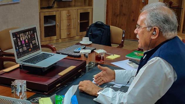 Chhattisgarh Chief Minister Bhupesh Baghel addresses a special AICC press conference via video conferencing, in Raipur. (PTI) Chhattisgarh Chief Minister Bhupesh Baghel addresses a special AICC press conference via video conferencing, in Raipur. (PTI)