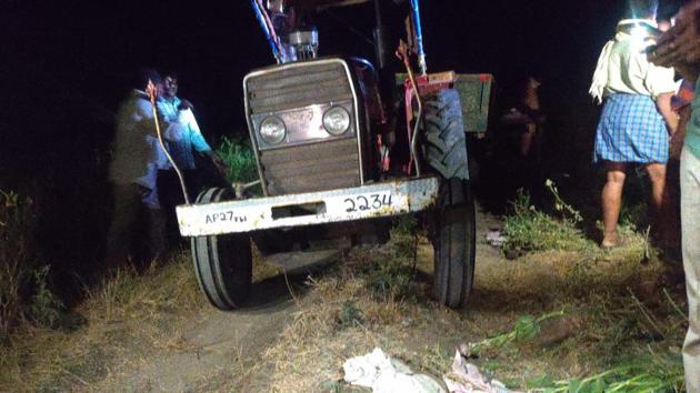 The tractor in which 15 people were travelling at the site of the accident n Andhra Pradesh’s Prakasam district. (HT PHOTO) The tractor in which 15 people were travelling at the site of the accident n Andhra Pradesh’s Prakasam district. (HT PHOTO)