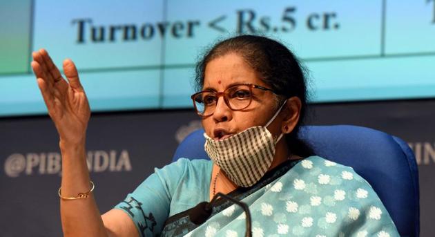 Union Minister of Finance and Corporate Affairs Nirmala Sitharaman during a press conference detailing the centre’s announcement of an economic stimulus package during lockdown at the National Media Centre in New Delhi on Wednesday.(Sonu Mehta/HT PHOTO)