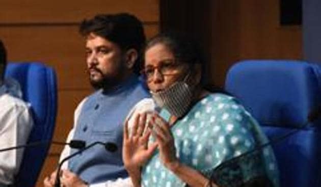 Union Minister of Finance and Corporate Affairs Nirmala Sitharaman during a press conference detailing the centre’s announcement of an economic stimulus package during lockdown on May 13, 2020.(Sonu Mehta/HT PHOTO)