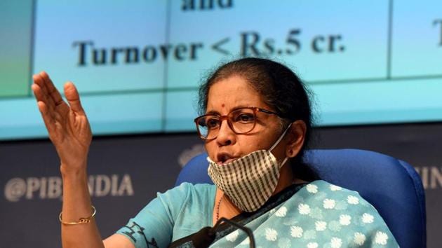Union Minister of Finance and Corporate Affairs Nirmala Sitharaman during a press conference detailing the centre’s announcement of an economic stimulus package during lockdown, at the National Media Centre in New Delhi.(Sonu Mehta/HT PHOTO) Union Minister of Finance and Corporate Affairs Nirmala Sitharaman during a press conference detailing the centre’s announcement of an economic stimulus package during lockdown, at the National Media Centre in New Delhi.(Sonu Mehta/HT PHOTO)