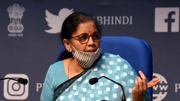Union Minister of Finance and Corporate Affairs Nirmala Sitharaman during a press conference detailing the centre’s announcement of an economic stimulus package during lockdown, at the National Media Centre in New Delhi.(Sonu Mehta/HT PHOTO) Union Minister of Finance and Corporate Affairs Nirmala Sitharaman during a press conference detailing the centre’s announcement of an economic stimulus package during lockdown, at the National Media Centre in New Delhi.(Sonu Mehta/HT PHOTO)