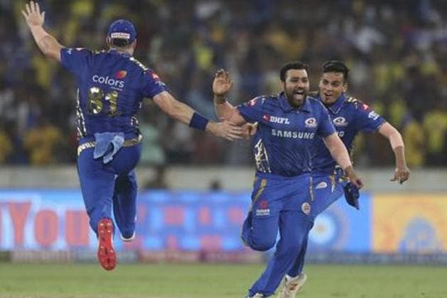 Mumbai Indians captain Rohit Sharma, second right, and teammates celebrate their win in the VIVO IPL T20 cricket final match between Mumbai Indians and Chennai Super Kings in Hyderabad, India, Sunday, May 12, 2019. (AP) Mumbai Indians captain Rohit Sharma, second right, and teammates celebrate their win in the VIVO IPL T20 cricket final match between Mumbai Indians and Chennai Super Kings in Hyderabad, India, Sunday, May 12, 2019. (AP)