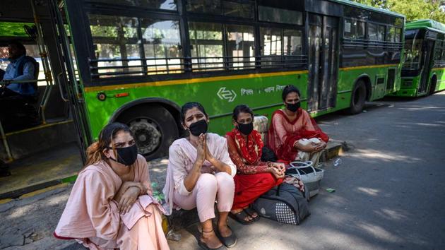 Persons from the transgender community seen pleading for financial assistance in order to buy tickets for a train home, outside New Delhi Railway Station (NDLS) in New Delhi.(Biplov Bhuyan/HT FILE PHOTO/Representational Image)