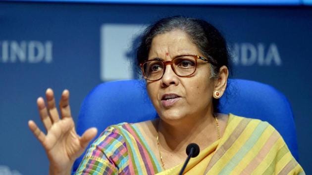 Finance Minister Nirmala Sitharaman addresses a press conference at National Media Centre in New Delhi on Thursday.(PTI Photo)