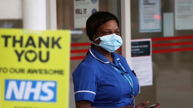 An NHS worker at the Chelsea and Westminster Hospital as part of a campaign in support of the NHS, following the outbreak of the coronavirus disease Covid-19, in London on May 14.(Reuters Photo) An NHS worker at the Chelsea and Westminster Hospital as part of a campaign in support of the NHS, following the outbreak of the coronavirus disease Covid-19, in London on May 14.(Reuters Photo)