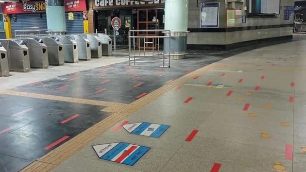 The Delhi Metro has already started placing markers on station floors and platforms to earmark space for passengers. (SOURCED) The Delhi Metro has already started placing markers on station floors and platforms to earmark space for passengers. (SOURCED)