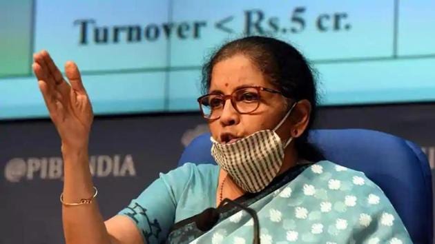 Union Minister of Finance and Corporate Affairs Nirmala Sitharaman during a press conference detailing the centre’s announcement of an economic stimulus package during lockdown at the National Media Centre in New Delhi on Wednesday.(Sonu Mehta/HT PHOTO)