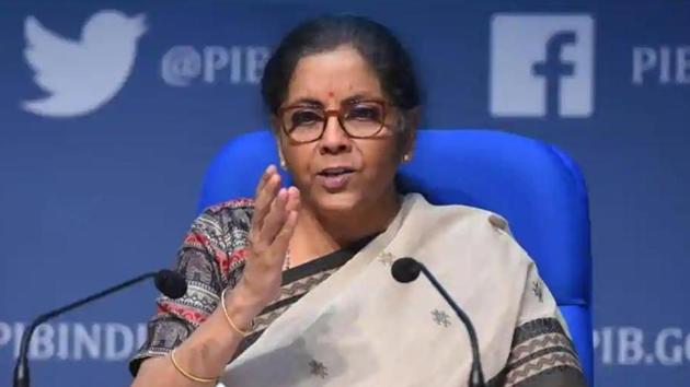 Finance Minister Nirmala Sitharaman addressing the media on the Centre’s economic package at the National Media Centre in New Delhi on Saturday.(MOHD ZAKIR/HT PHOTO.)