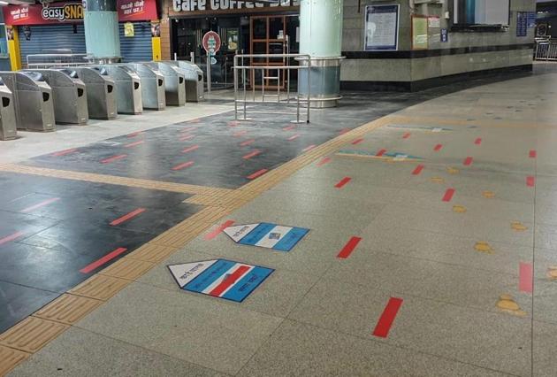 The Delhi Metro has already started placing markers on station floors and platforms to earmark space for passengers. (SOURCED) The Delhi Metro has already started placing markers on station floors and platforms to earmark space for passengers. (SOURCED)