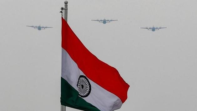 Indian Air Force aircrafts fly over Rajpath to show solidarity with frontline warriors fighting against the coronavirus disease (COVID-19) in New Delhi, India, May 3, 2020.(REUTERS)