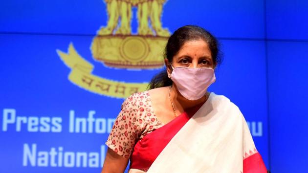 Union Minister of Finance and Corporate Affairs Nirmala Sitharaman during the third briefing detailing the Centre’s economic stimulus package at National Media centre in New Delhi.(Sonu Mehta/HT PHOTO)