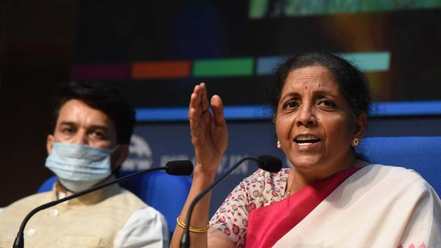 Union Minister of Finance and Corporate Affairs Nirmala Sitharaman and Minister of State for Finance and Corporate Affairs Anurag Thakur during the third briefing detailing the Centre’s economic stimulus package at National Media centre in New Delhi.(Sonu Mehta/HT PHOTO)